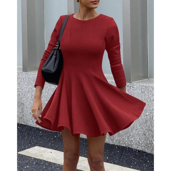 Women  Red High Waist Pleated Flowy A Line Long Sleeve Casual Fall Dress - Picture 5 of 5